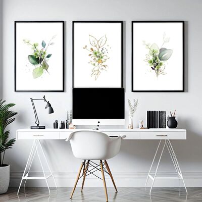 Verde botánico | juego de 3 impresiones de arte de pared para oficina