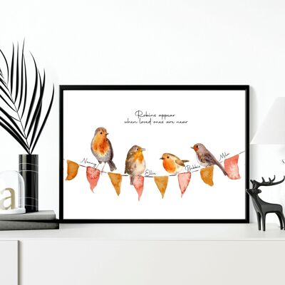 Regali personalizzati famiglia | Stampe d'arte da parete per uccelli della famiglia Robin