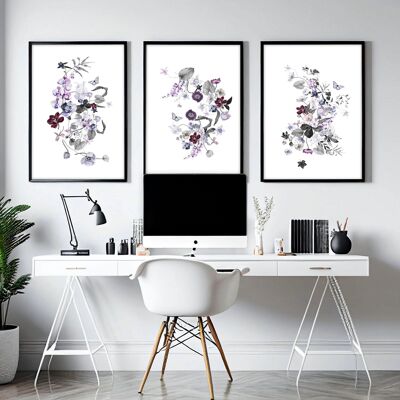 Estampados de flores | juego de 3 impresiones de arte de pared para oficina