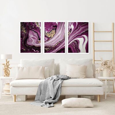 Arte della parete astratta viola incorniciata | set di 3 stampe artistiche da parete