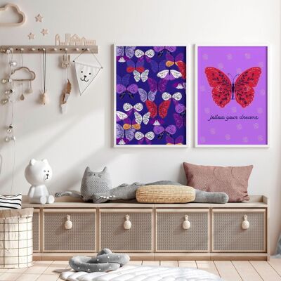 Mariposa de pared púrpura | juego de 2 láminas de arte de pared para la habitación de una niña