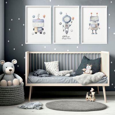 Roboter-Kinderzimmer-Hängedekoration | Set mit 3 Wandkunstdrucken