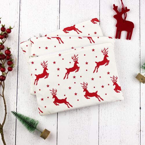 Christmas themed cosmetic zipper pouch, Reindeer makeup bag for teens