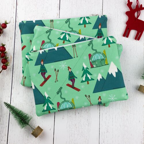 Skiing themed cosmetic makeup bag, Christmas themed zipper pouch gift for skiers, winter sport lovers