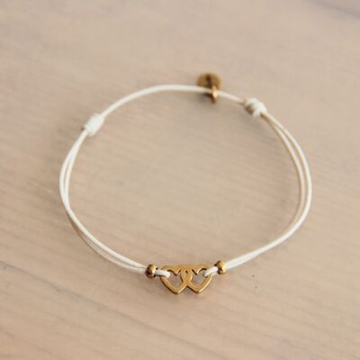 Elastic bracelet with double hearts - sand/gold