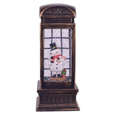 Bonhomme de neige en bronze, cabine téléphonique, boîte à musique, eau en mouvement, Noël