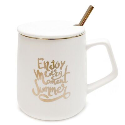 Taza enjoy every moment summer oro rosa tapa y cuchara "Golden Chic" 10x8cm