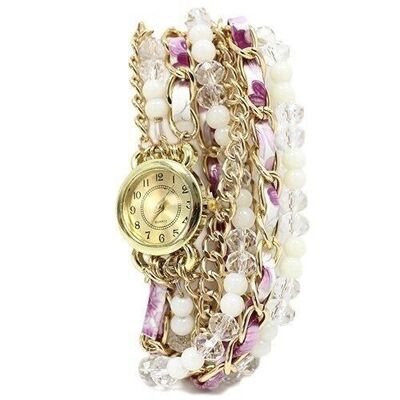 Reloj brazalete - perlas y cristal lila