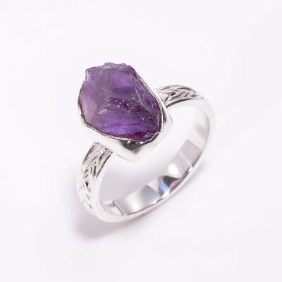 Bague en argent 925 faite à la main avec pierre précieuse brute d'améthyste naturelle.