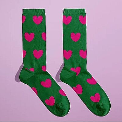 Love socks - The inseparable Green and Fuchsia pink Heart 36/40