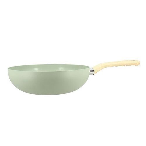 Wok celadon 28cm en aluminium induction poignée effet bois