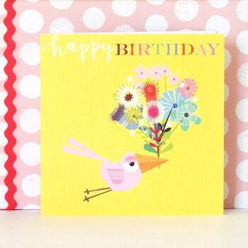 Carte d'anniversaire oiseau et fleurs BH14 2