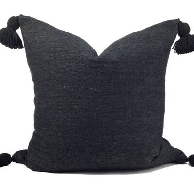 BLACK HANDWOVEN POMPOM PILLOW COVER 50X50