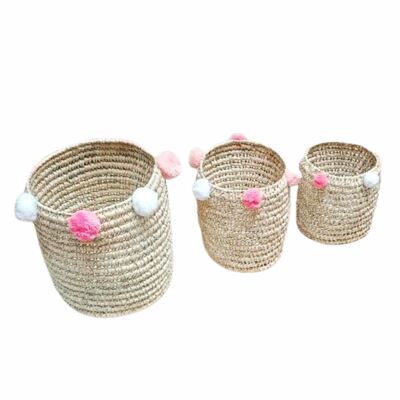 Set of 3 customizable pompom bohemian style storage basket