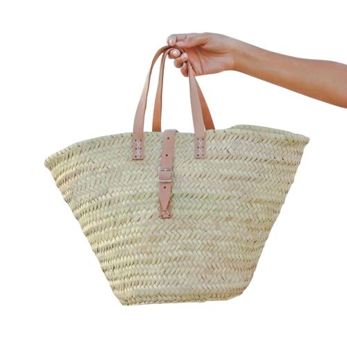 Straw market bag with short Leather Handles