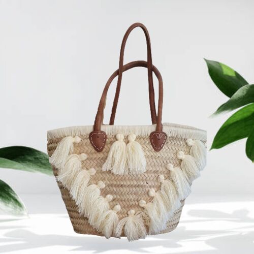 V Tassel large straw bags with leather handles