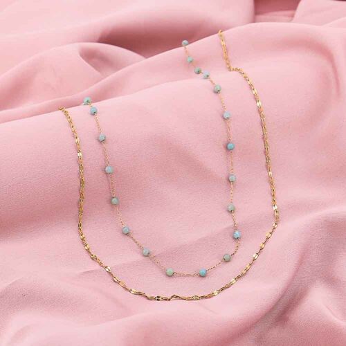 Collier double-rangs acier perles pierre naturelle 0123013