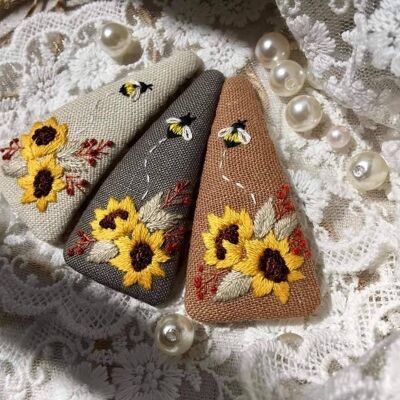Sunflower & Bee Embroidered Triangle Hair Barrette