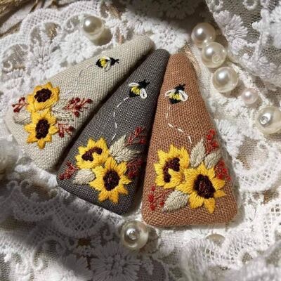 Sunflower & Bee Embroidered Triangle Hair Barrette