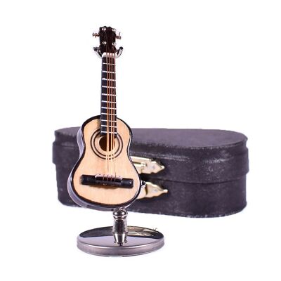 Mini-Miniatur einer klassischen Gitarre aus Holz mit Ständer und Koffer, 10 cm