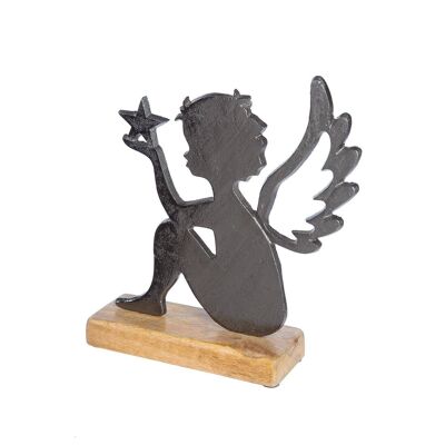 Ange en bois et aluminium "Noé" sur socle en bois 18 cm