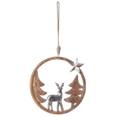 Círculo colgador de madera con reno y estrella plateados.