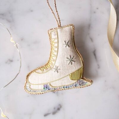 Handmade Ice Skating Boot Irish Linen Holiday Tree Ornament