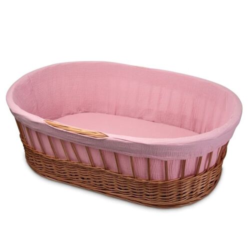 Hi Little One - wicker tall Moses basket with frame + liner+mattress+sheet BABY PINK