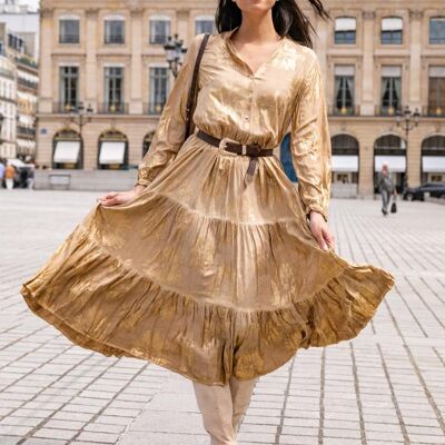 Vestido largo holgado con frunces, estampado con efecto dorado