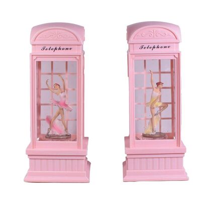 Caja de música con cabina telefónica de bailarina rosa con movimiento de agua LED