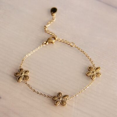 Bracelet en acier inoxydable avec 3 fleurs – doré