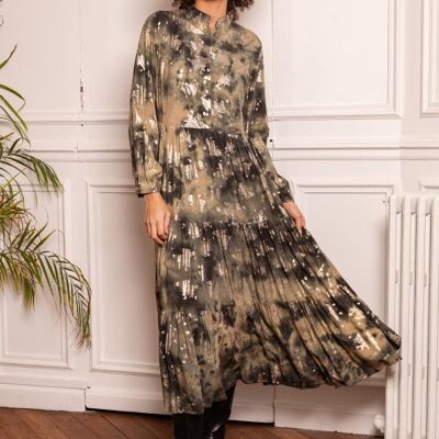 Loose fit long dress with gathers, printed with gold effect