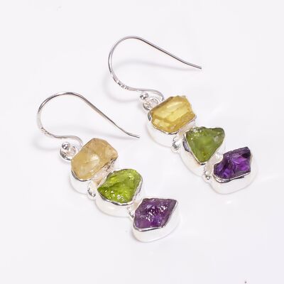 Amethyst Peridot Citrine Rough Silver Handmade Earrings.