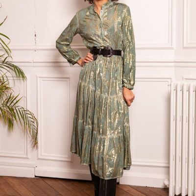 Loose fit long dress with gathers, printed with gold effect