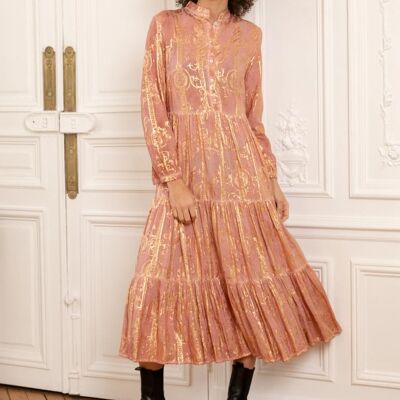Loose fit long dress with gathers, printed with gold effect