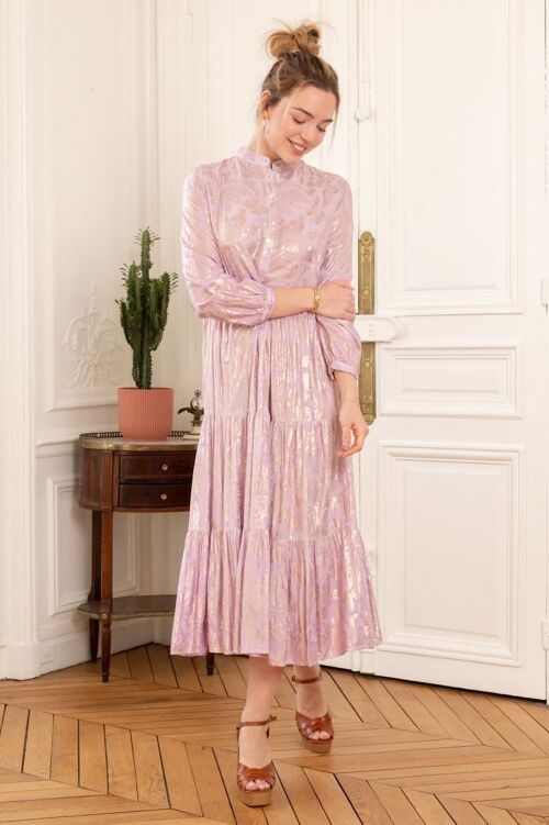 Robe longue coupe ample à fronces , imprimé avec effet dorure