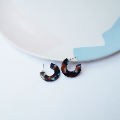 Coral Mini Hoop Earrings- blue & burnt orange acetate resin hoops