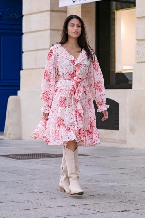 Robe vaporeuse volantée à imprimé avec LUREX et doublure, manches bouffantes