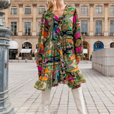 Airy ruffled printed dress with LUREX and lining, puff sleeves