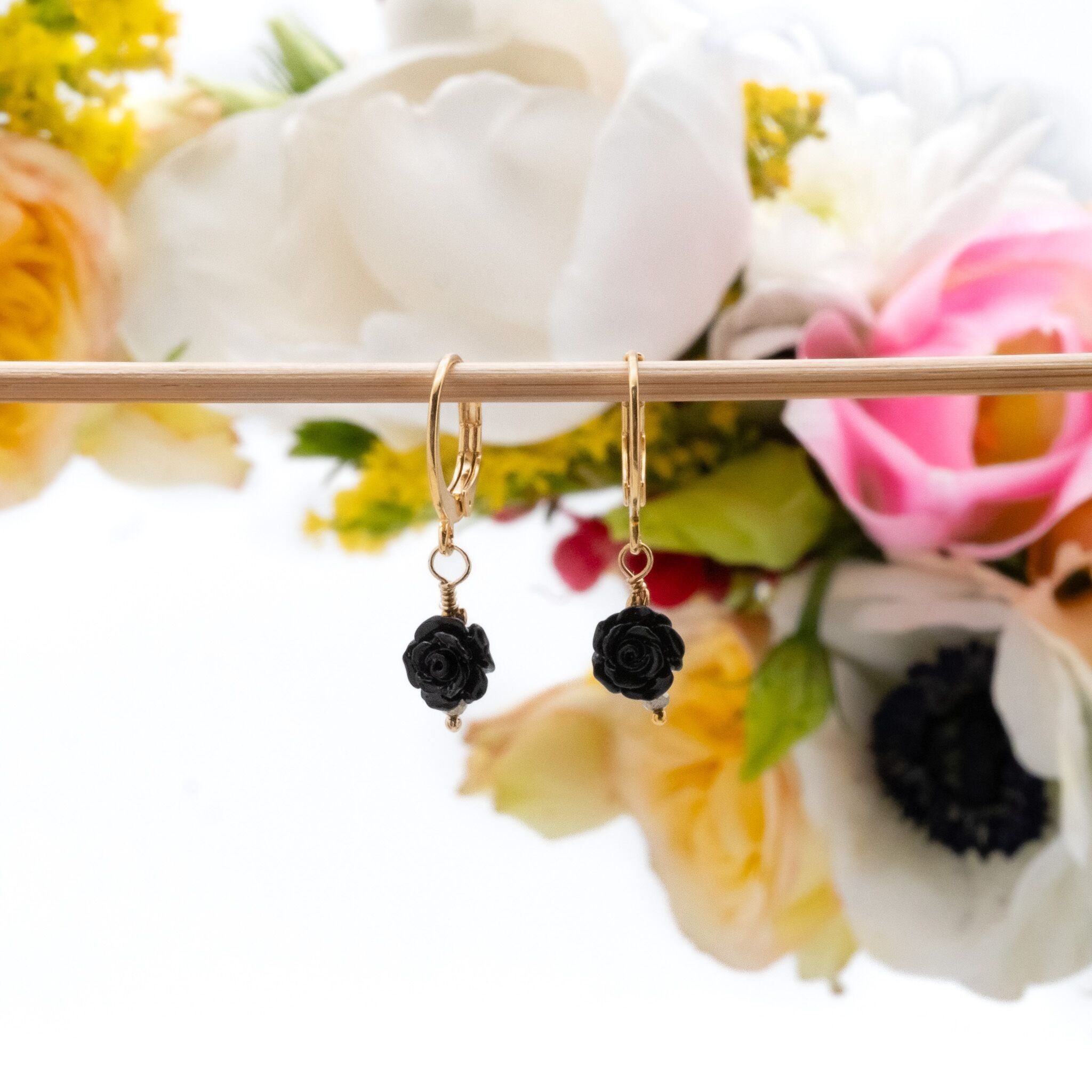 Black Rose Flower earrings: black gorgonian coral