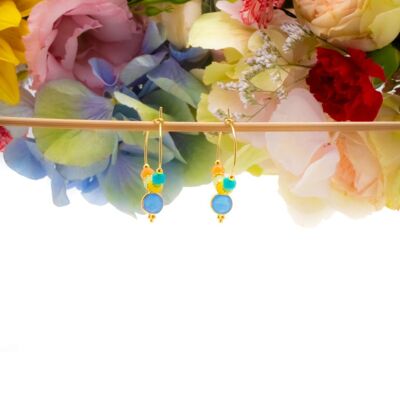 Boucles d’oreilles Créoles Salambo : bleu ciel, jaune, bleu turquoise, rose pâle