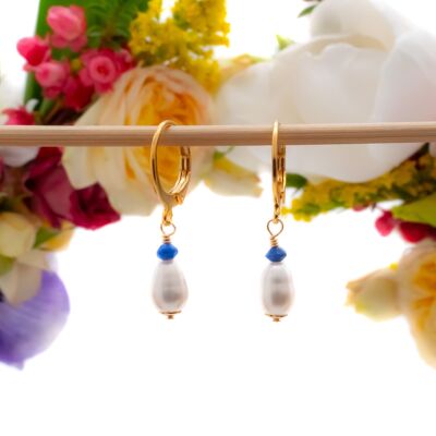 Boucles d’oreilles Meisje : blanc et bleu, perle d'eau douce, lapis-lazuli