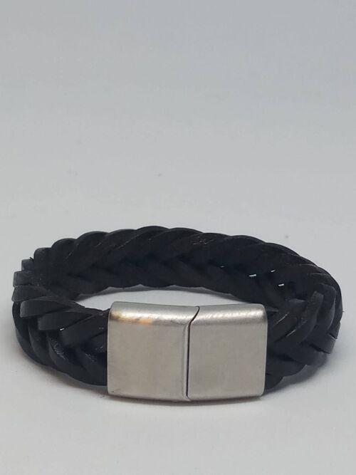 Black Braided Flat Leather Bracelet MGST 32 steel lock