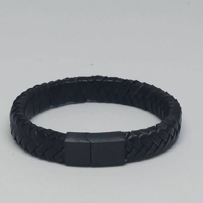 Bracelet en cuir tressé plat noir avec serrure noire MGST 32
