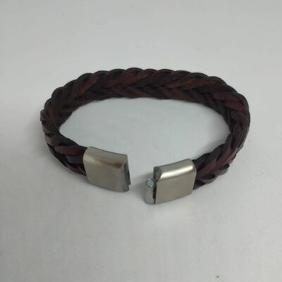 Pulsera de cuero plana trenzada marrón MGST 32 cerradura de acero