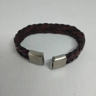 Brown Braided Flat Leather Bracelet MGST 32 steel lock