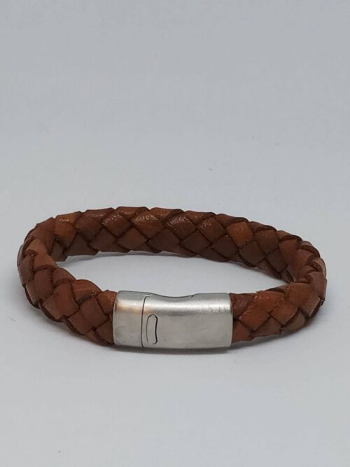 Brown Braided Leather Bracelet MGST 92 11*7mm steel lock