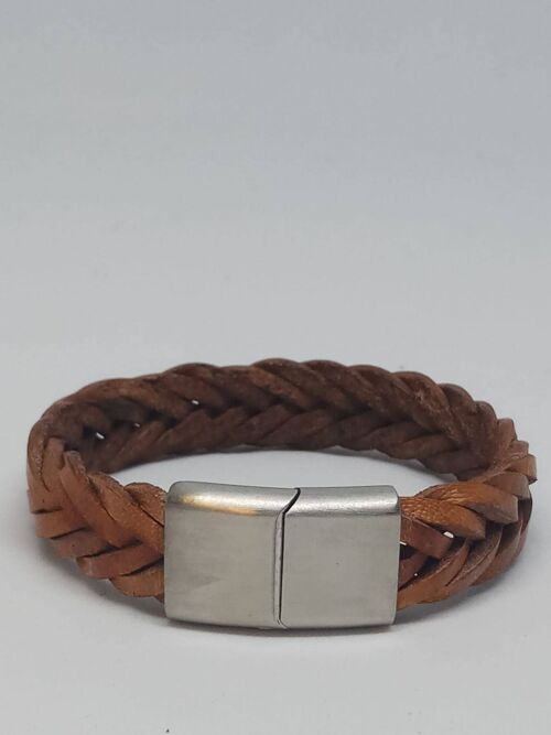 Brown Flat Braided Leather Bracelet with MGST 32 stell lock