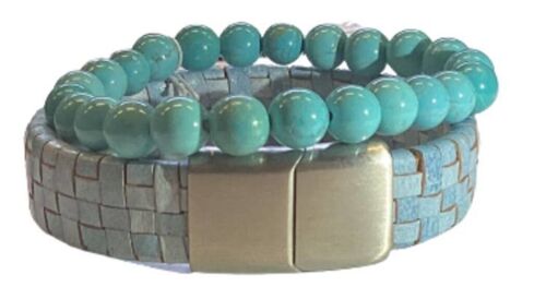 Gem Stones + Leather  Bracelet Sky Blue
