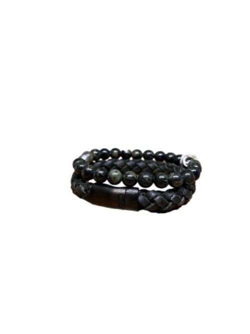 Gem Stones + Leather Bracelet Black & Green